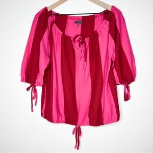MDS Stripes Pink Red Striped Top Cinched Waist Tie Neck size 1 Womens Small